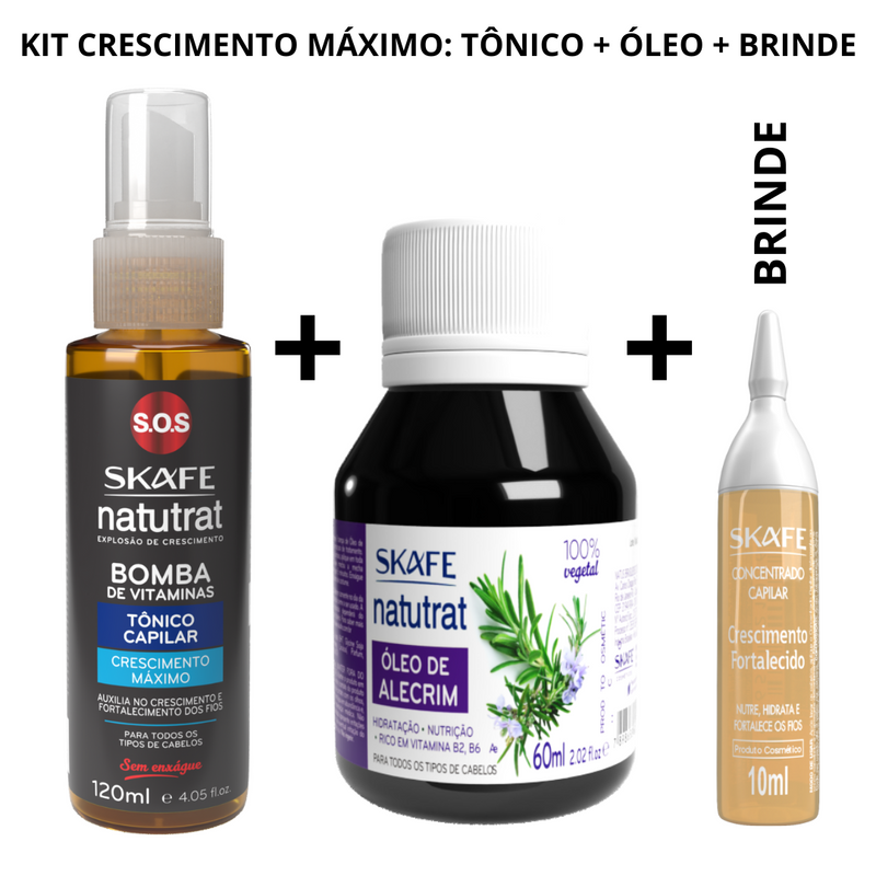[EXCLUSIVO] KIT CRESCIMENTO MÁXIMO - Tônico Crescimento Máximo 120ml + Óleo de Alecrim 60ml + Ampola Cresc. Fort. 10ml